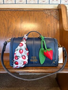 NWT-Steve Madden-Navy-B Kendal Shoulder/Crossbody-Strawberry🍓Charm & Scarf-$108